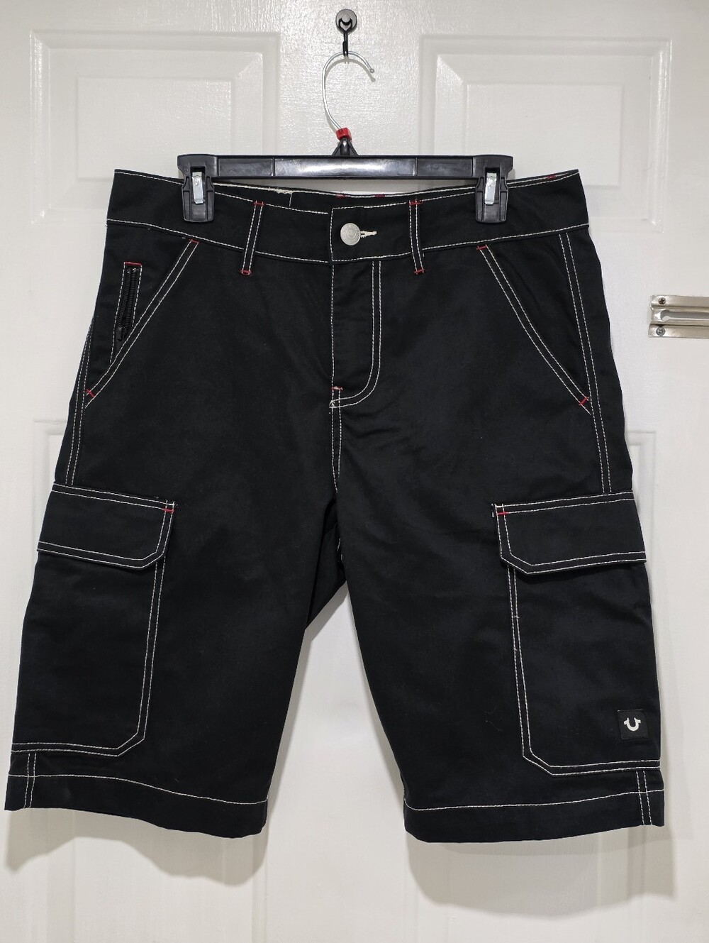 True Religion Black Cargo Shorts with White Contrast Stitching and Red Accents